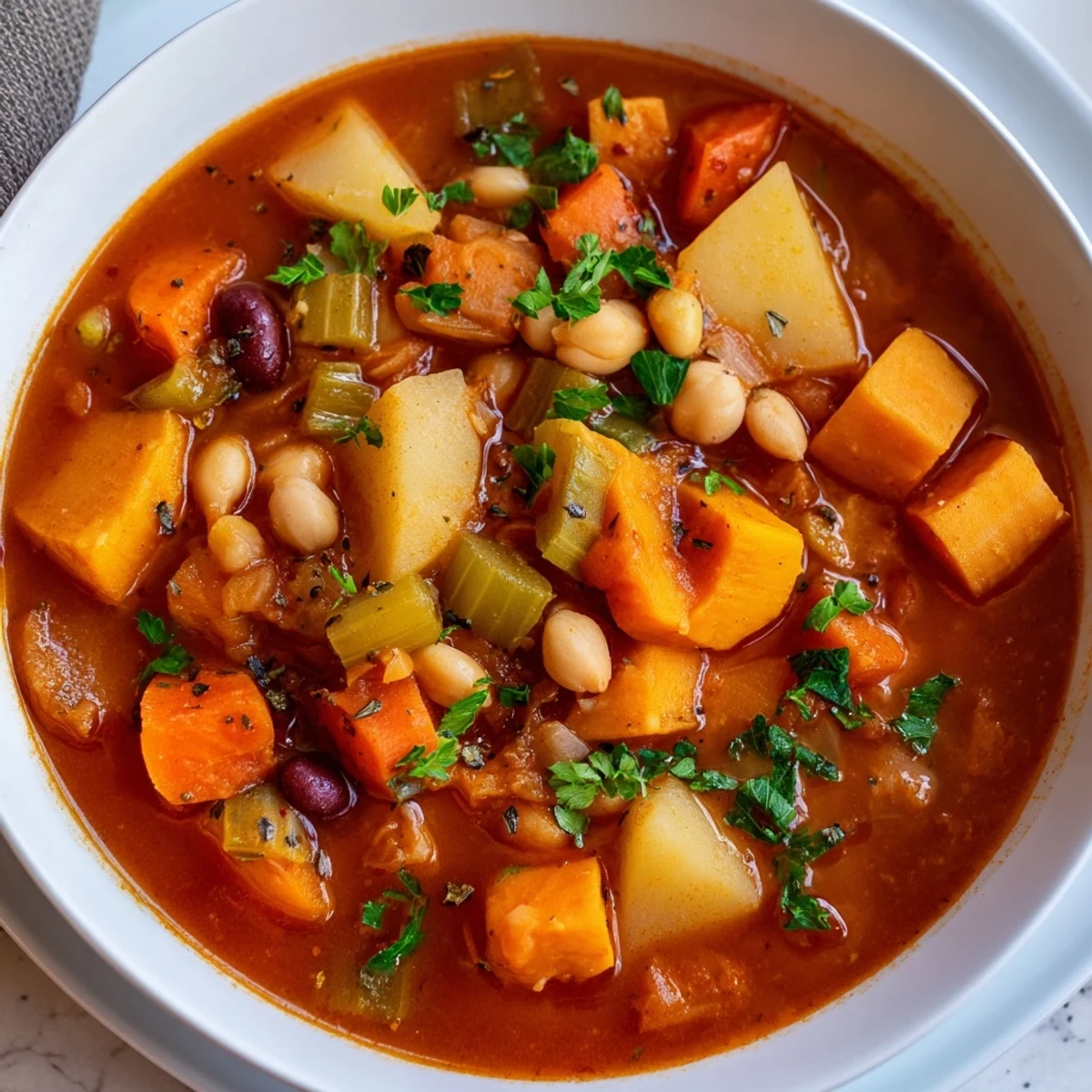 Colorful root vegetables and beans in a rich herb broth.