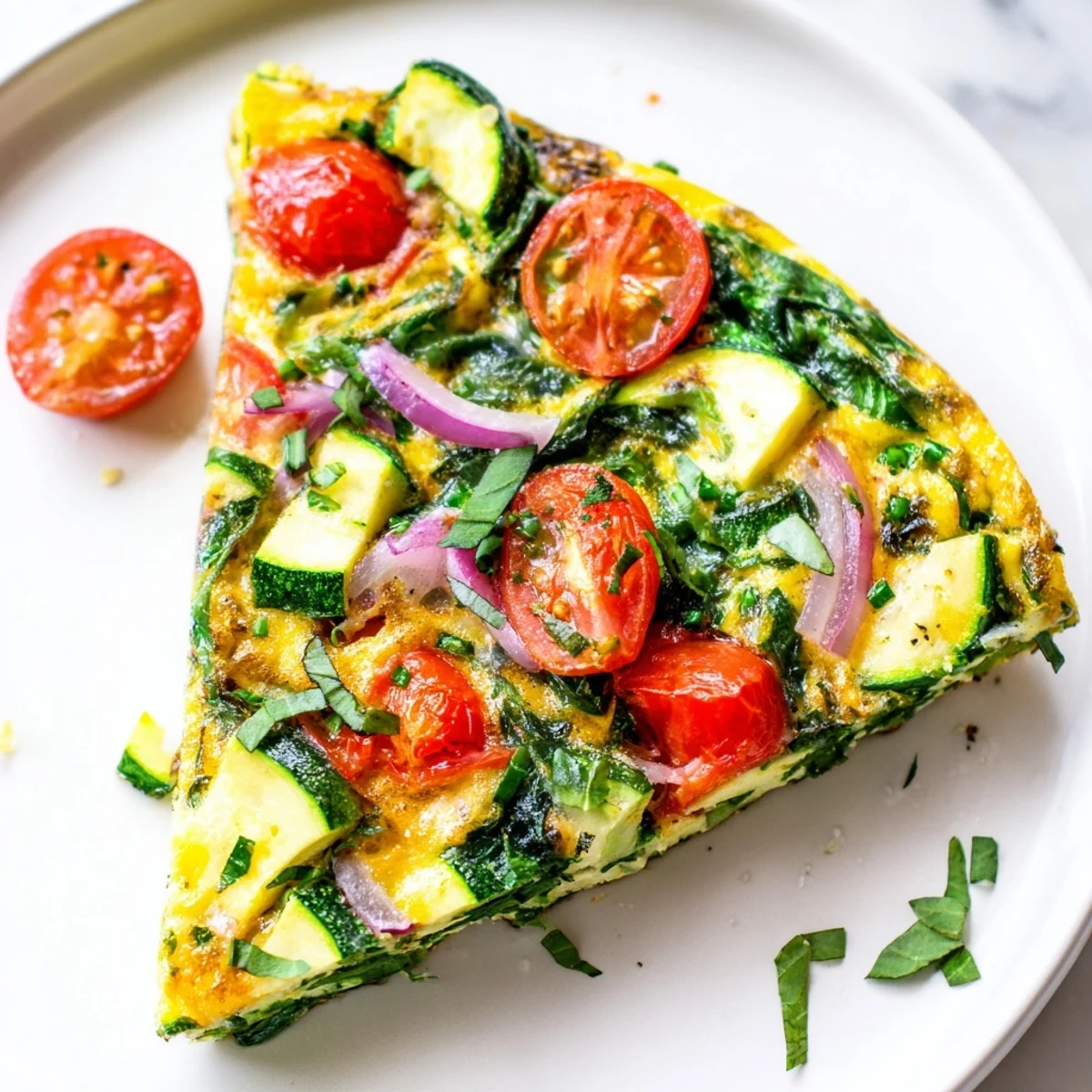 Freshly baked Solstice Paleo Frittata slices show golden, fluffy eggs loaded with red peppers, zucchini, and spinach on a rustic wooden board.