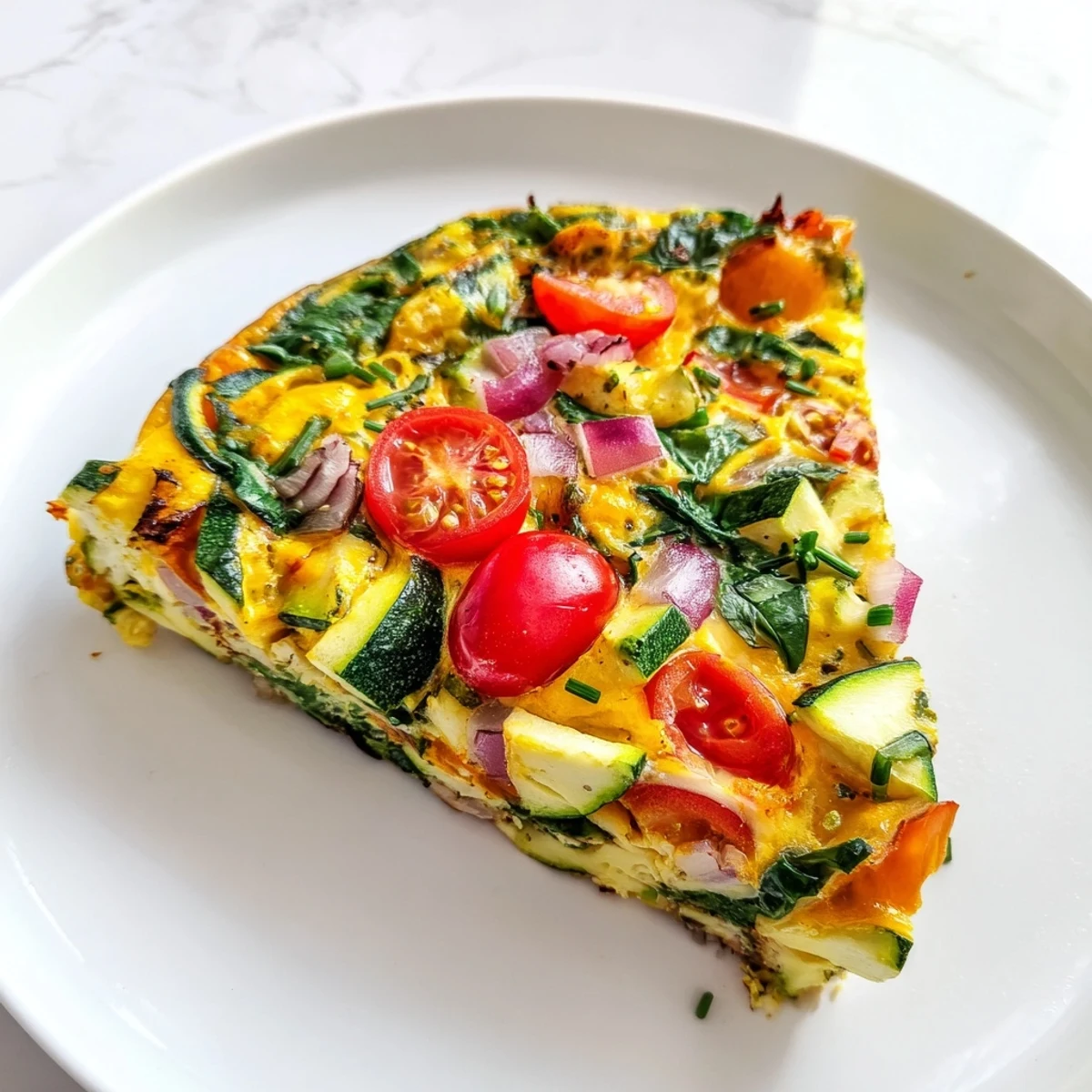 A vibrant Solstice Paleo Frittata sits in a cast iron skillet, garnished with fresh basil and cherry tomatoes, perfect for a healthy brunch.