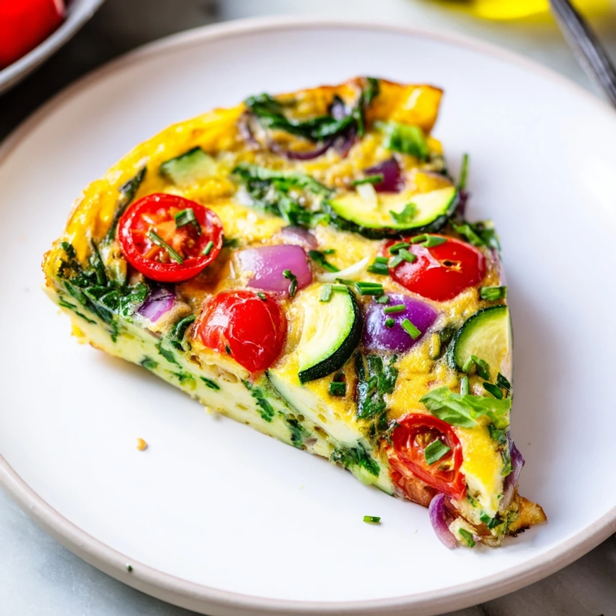 Savory Solstice Paleo Frittata with sautéed onions and fresh herbs on a white plate, served alongside a green salad for a complete gluten-free meal.
