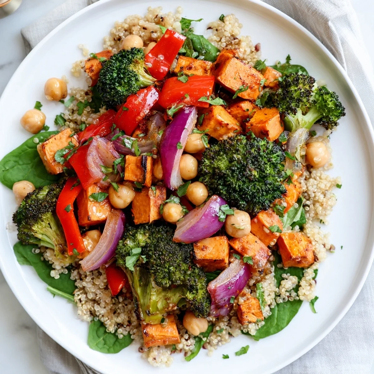 A warm bowl of Fireside Low Fat Grain Bowl, featuring fluffy quinoa, roasted vegetables, and lemony vinaigrette.