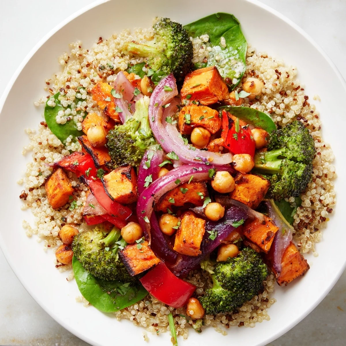 Fireside Low Fat Grain Bowl with roasted sweet potatoes and charred broccoli, topped with chickpeas and fresh parsley.
