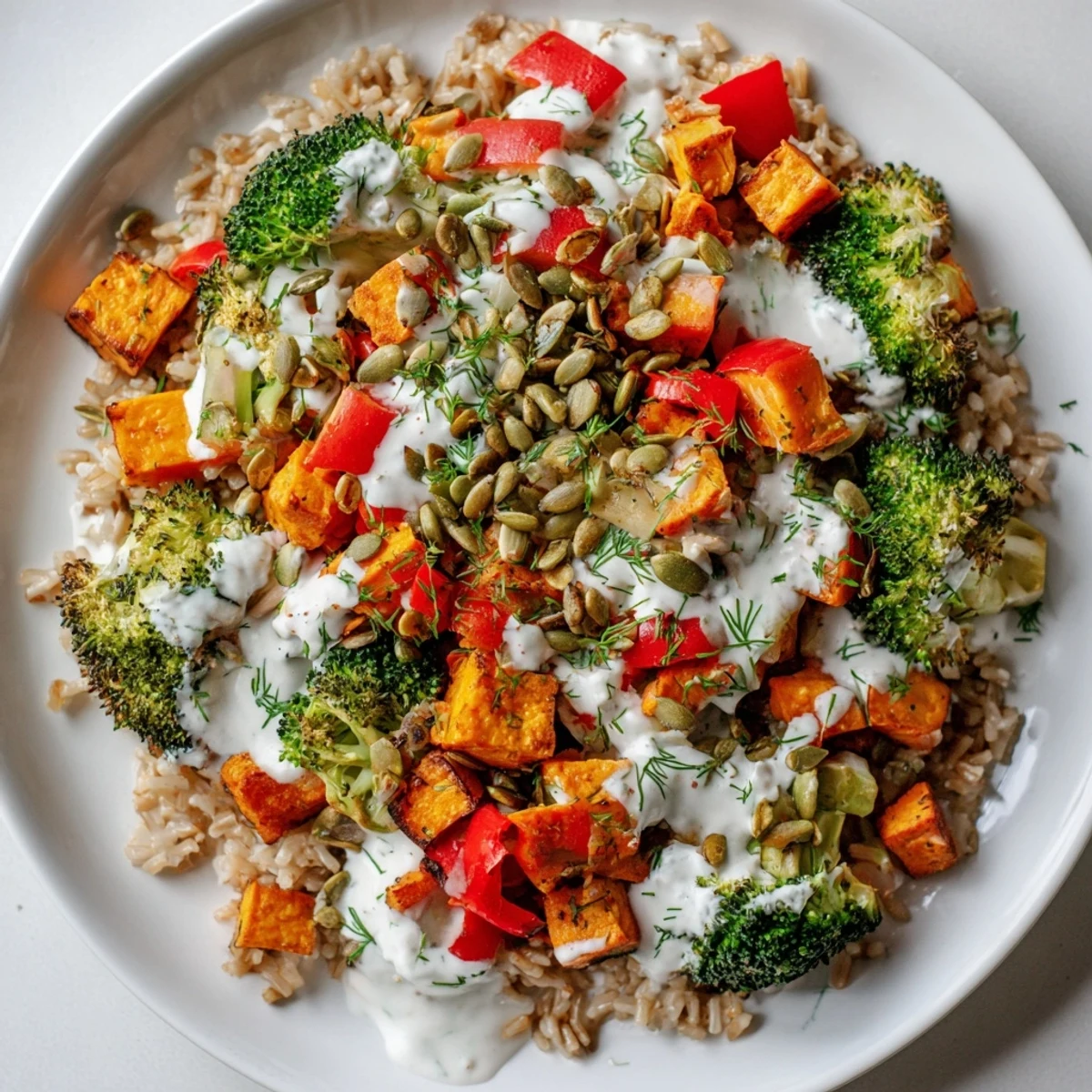 Warm Hearth Low Fat Grain Bowl with roasted veggies and yogurt-herb dressing.