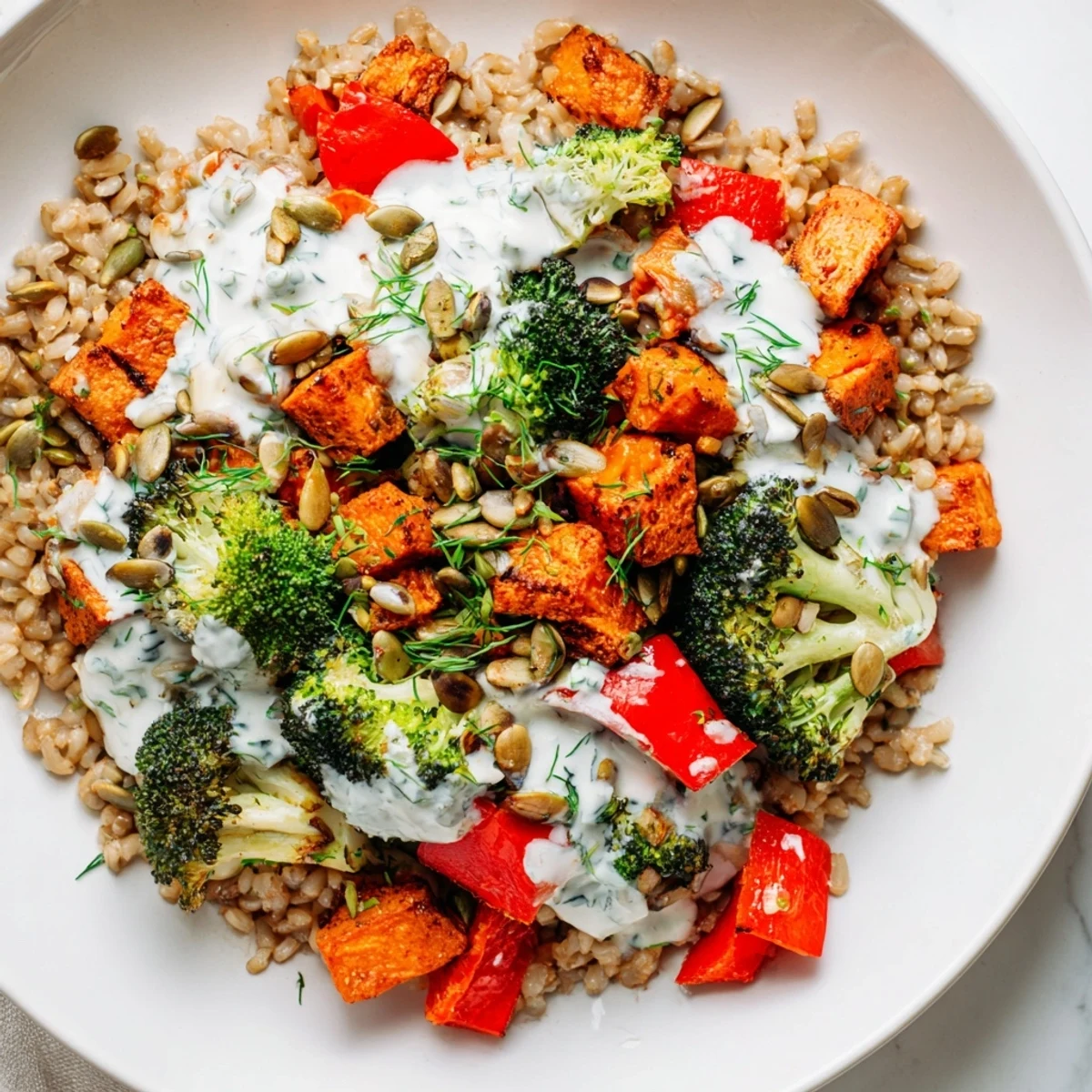 Serving suggestion for Warm Hearth Low Fat Grain Bowl with grains and roasted vegetables.