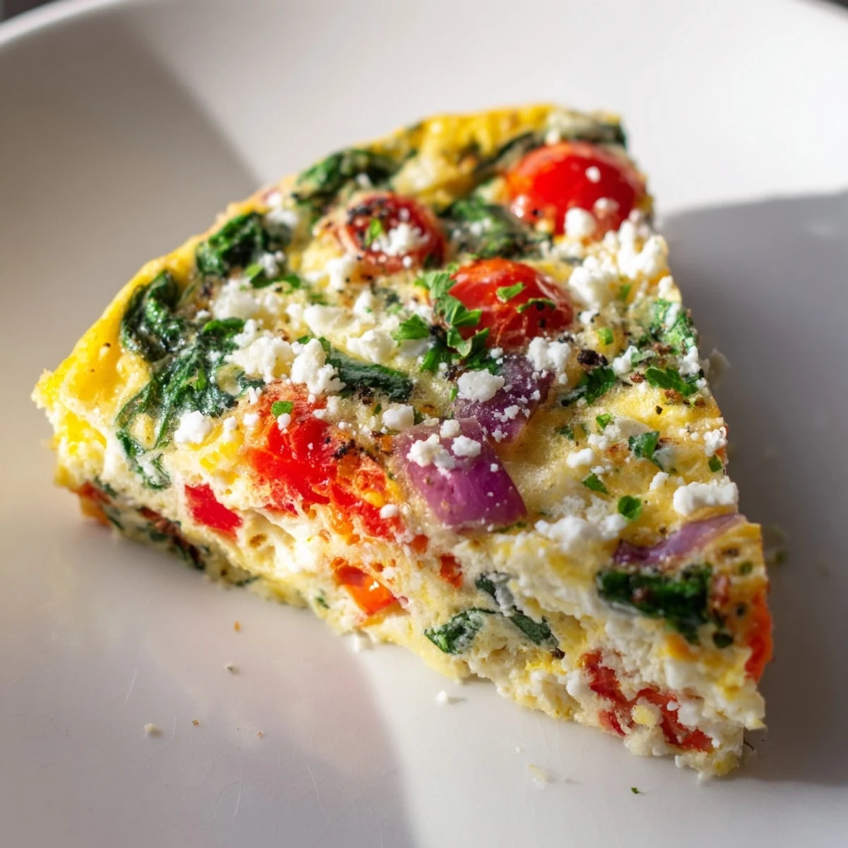 Freshly baked Frosty Morning Low Carb Frittata with golden melted cheddar and feta cheese bubbling on top.