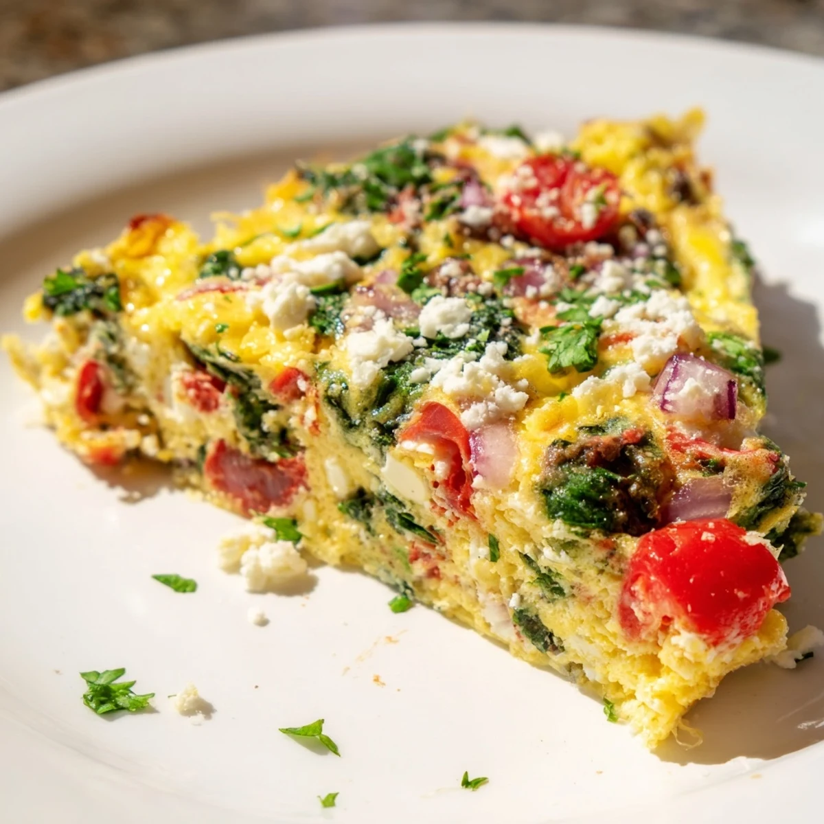 Savory Frosty Morning Low Carb Frittata served warm on a plate alongside a fresh green salad for breakfast.