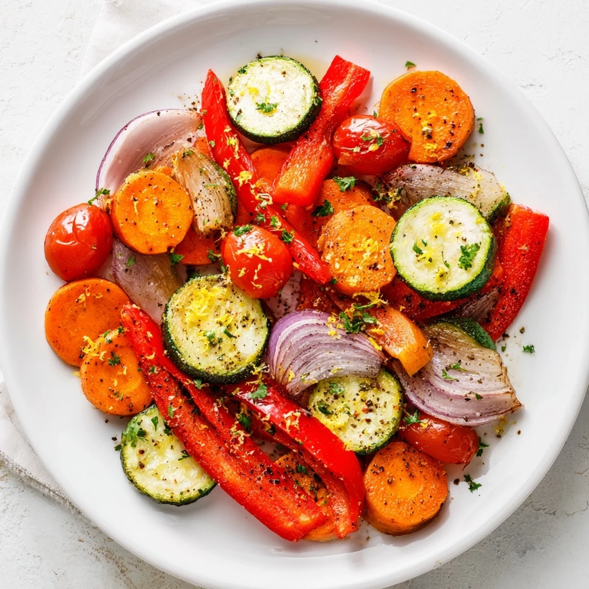 A platter of Cozy Evening Low Fat Roasted Vegetable Medley featuring tender, caramelized carrots and red bell peppers glistening with olive oil. 