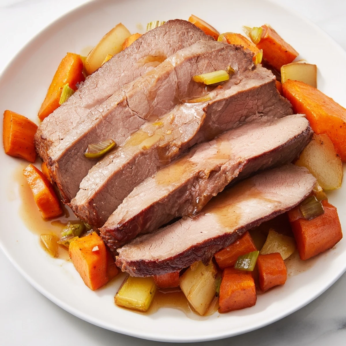 A close-up view of the Frosty Morning Low Fat Roast reveals juicy, slow-cooked beef and root vegetables steaming on a fork, ready to eat.
