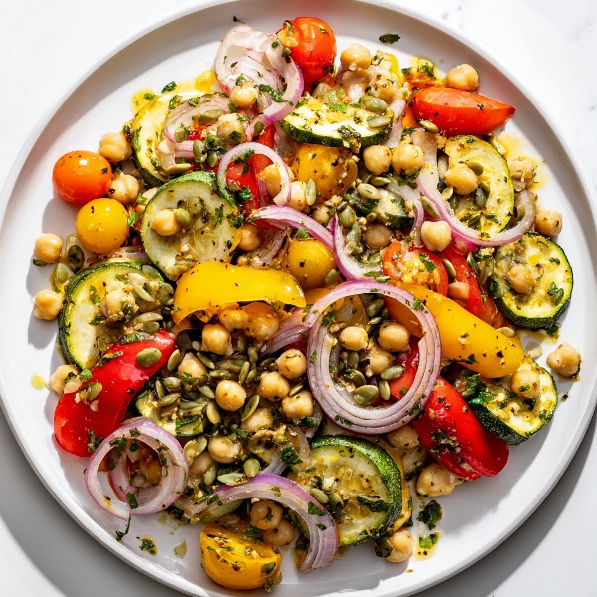 Golden roasted zucchini, bell peppers, and red onion make up this Chilly Breeze Vegan Main Dish garnished with pumpkin seeds. 
