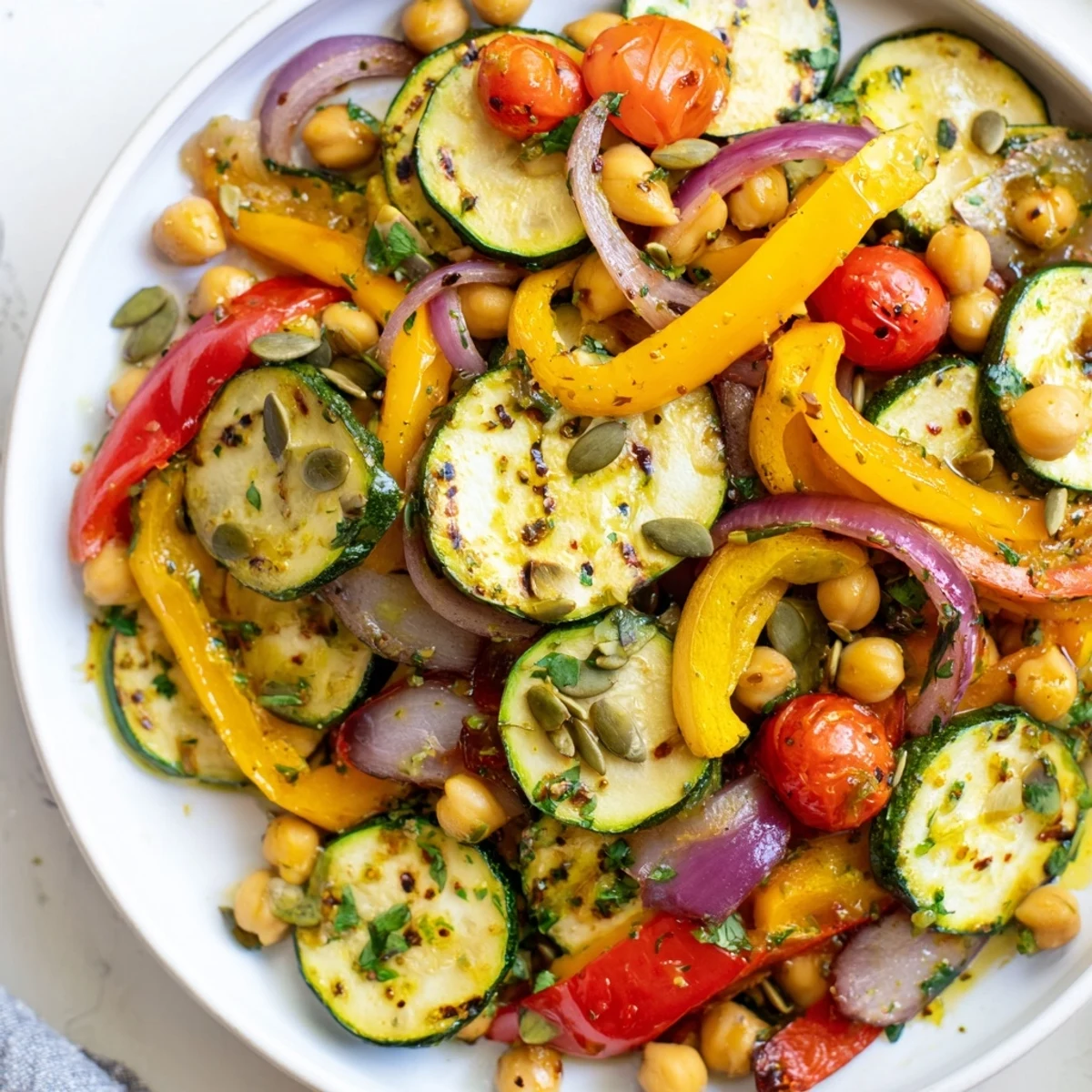 Close-up of the Chilly Breeze Vegan Main Dish, drizzled with zesty lemon-herb dressing and fresh mint.