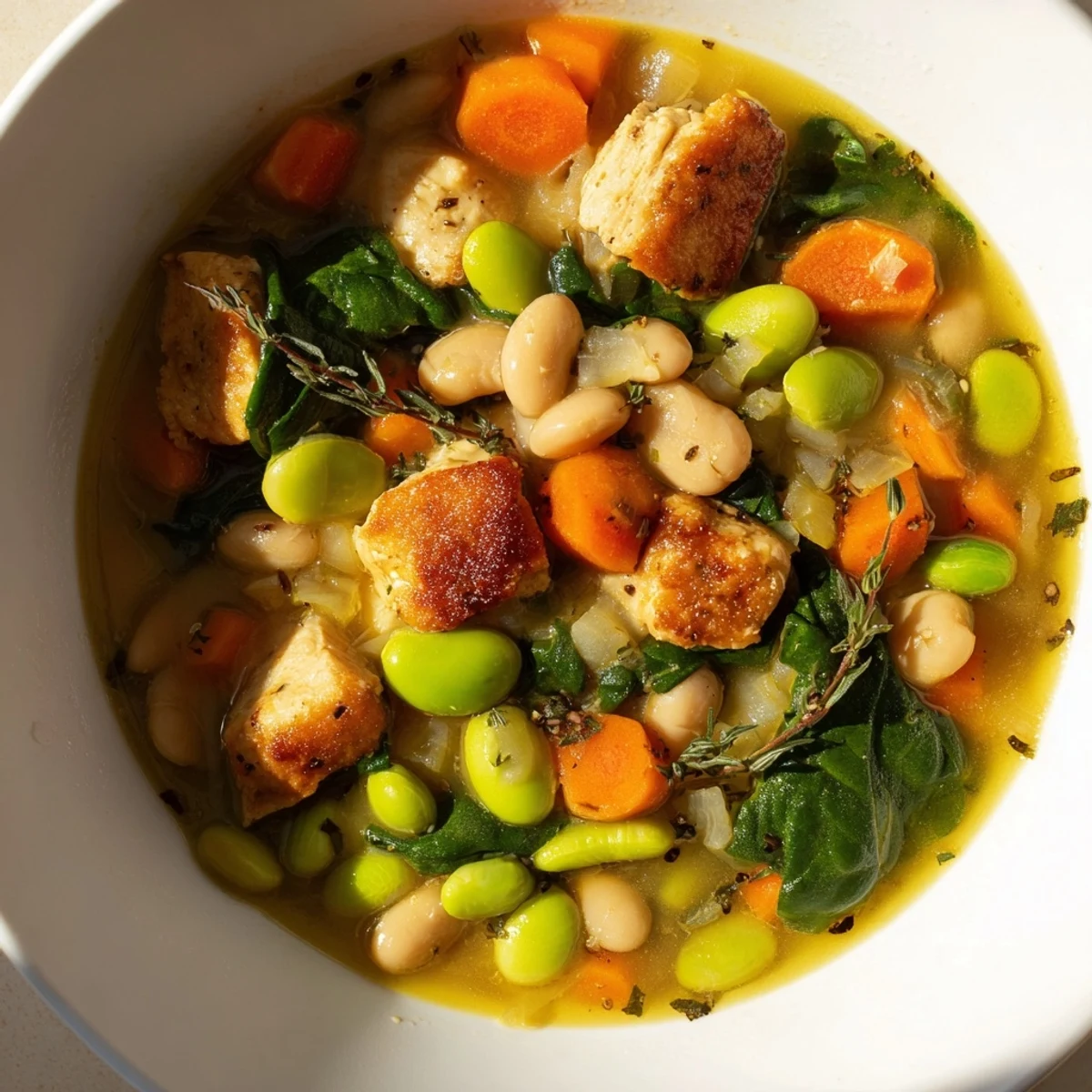 Steaming bowl of Frosty Morning High Protein Soup garnished with fresh parsley and lemon wedges.