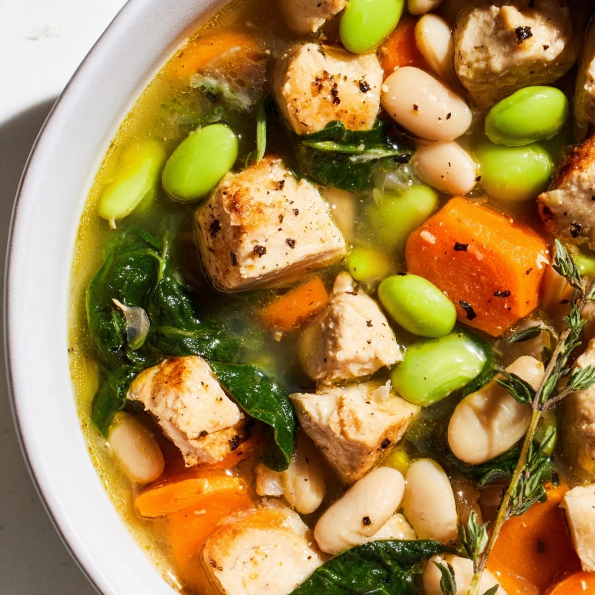Chilly morning comfort: Frosty Morning High Protein Soup with chicken, edamame, and crusty toast.