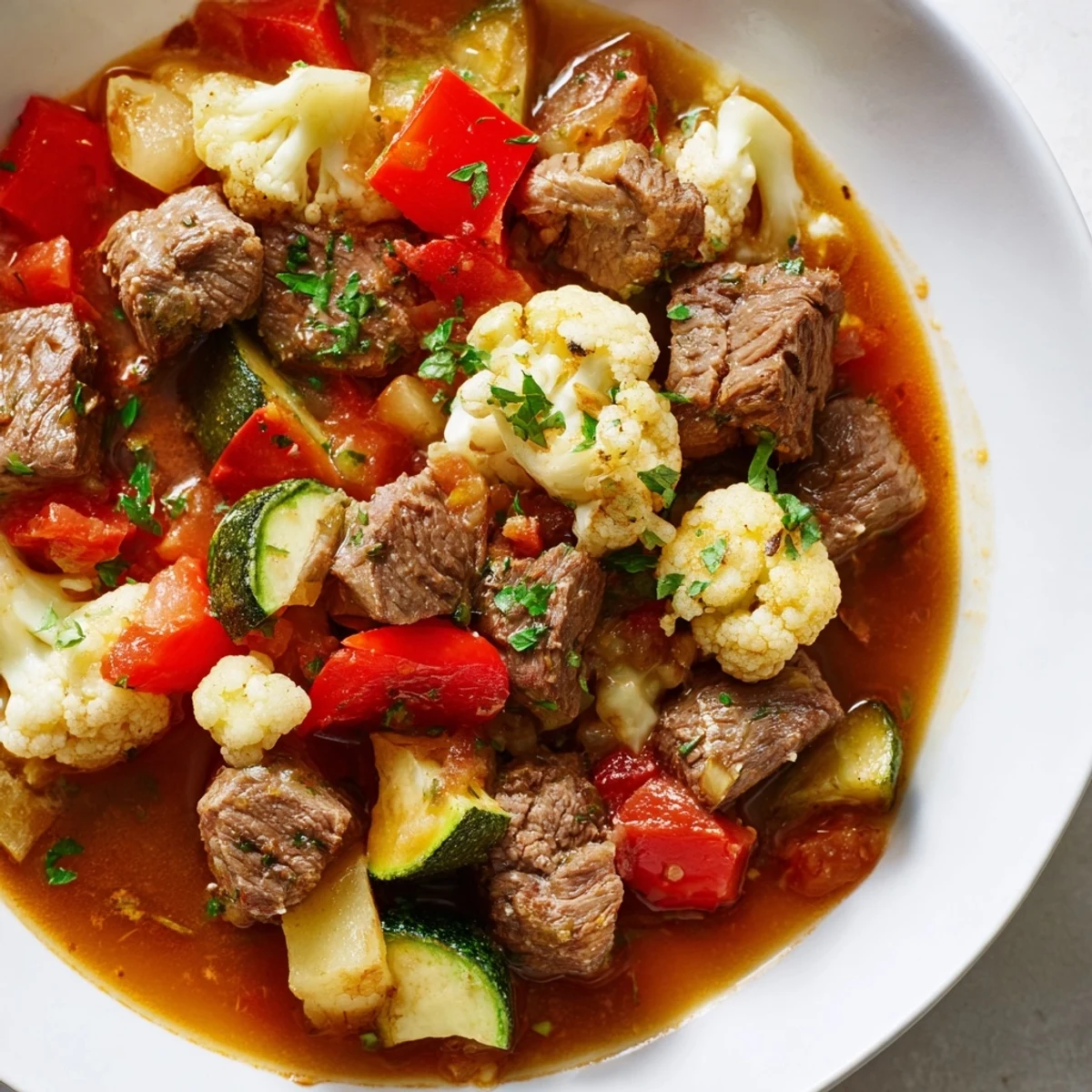 Close-up of Chilly Breeze Keto Stew in a rustic bowl, featuring tender beef chunks, zucchini, and cauliflower in a rich, aromatic broth. 