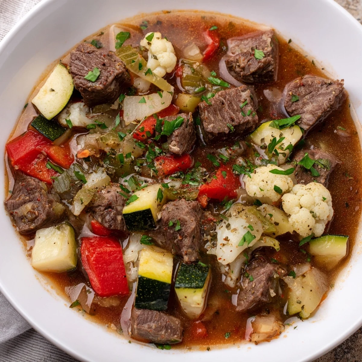 A hearty pot of Chilly Breeze Keto Stew simmering with diced bell pepper and celery, garnished with fresh parsley and a bay leaf. 
