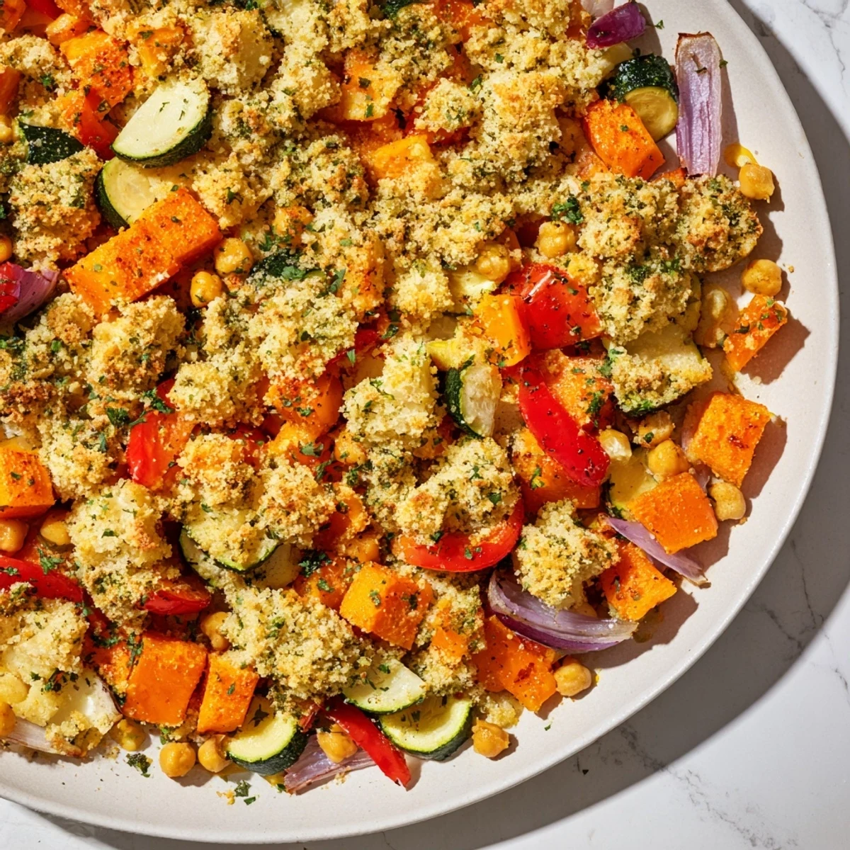 Cozy Evening Vegan Bake served warm in a dish alongside a crisp green salad.