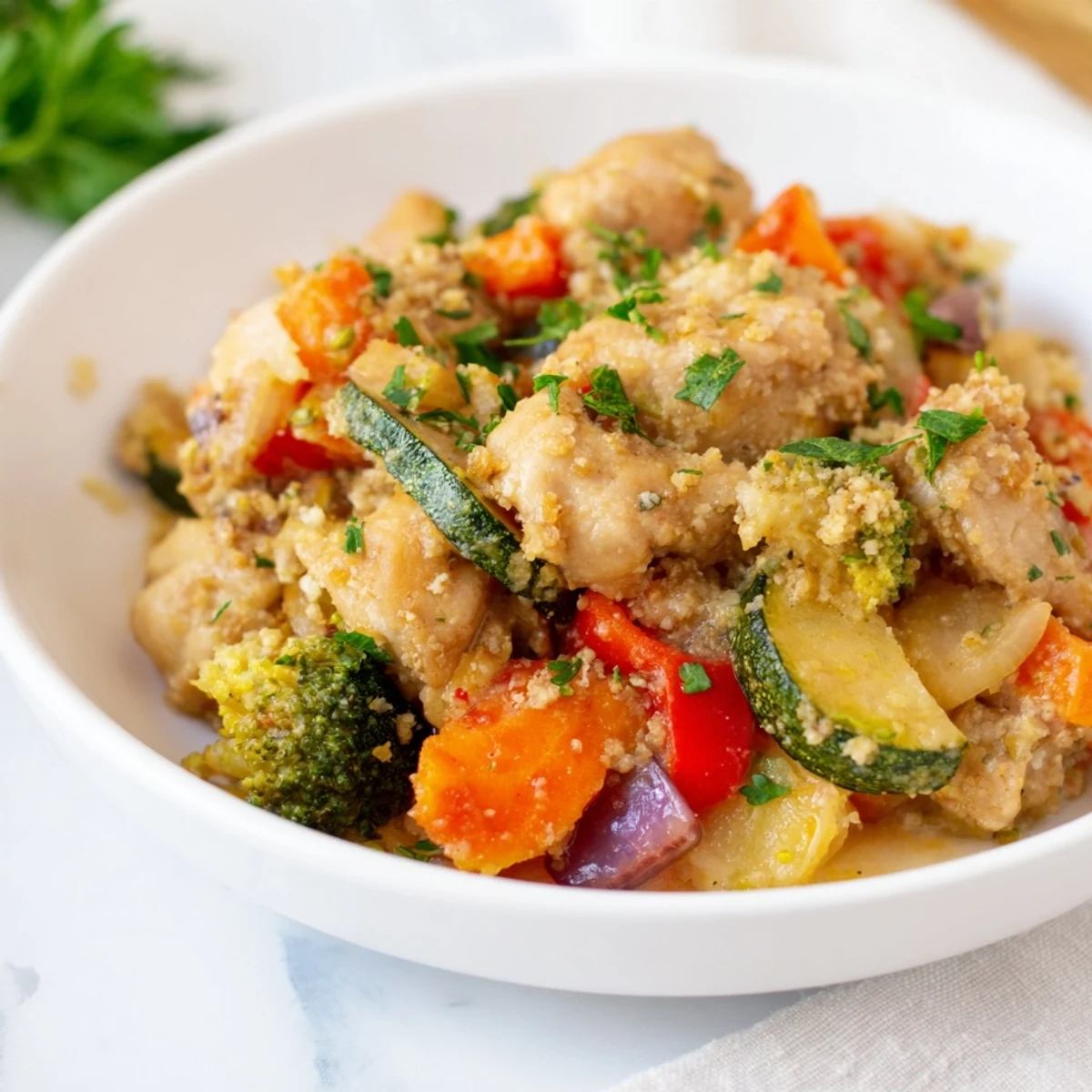 A hearty scoop of New Year Low Fat Casserole reveals tender chicken, broccoli, and colorful vegetables in a savory broth.