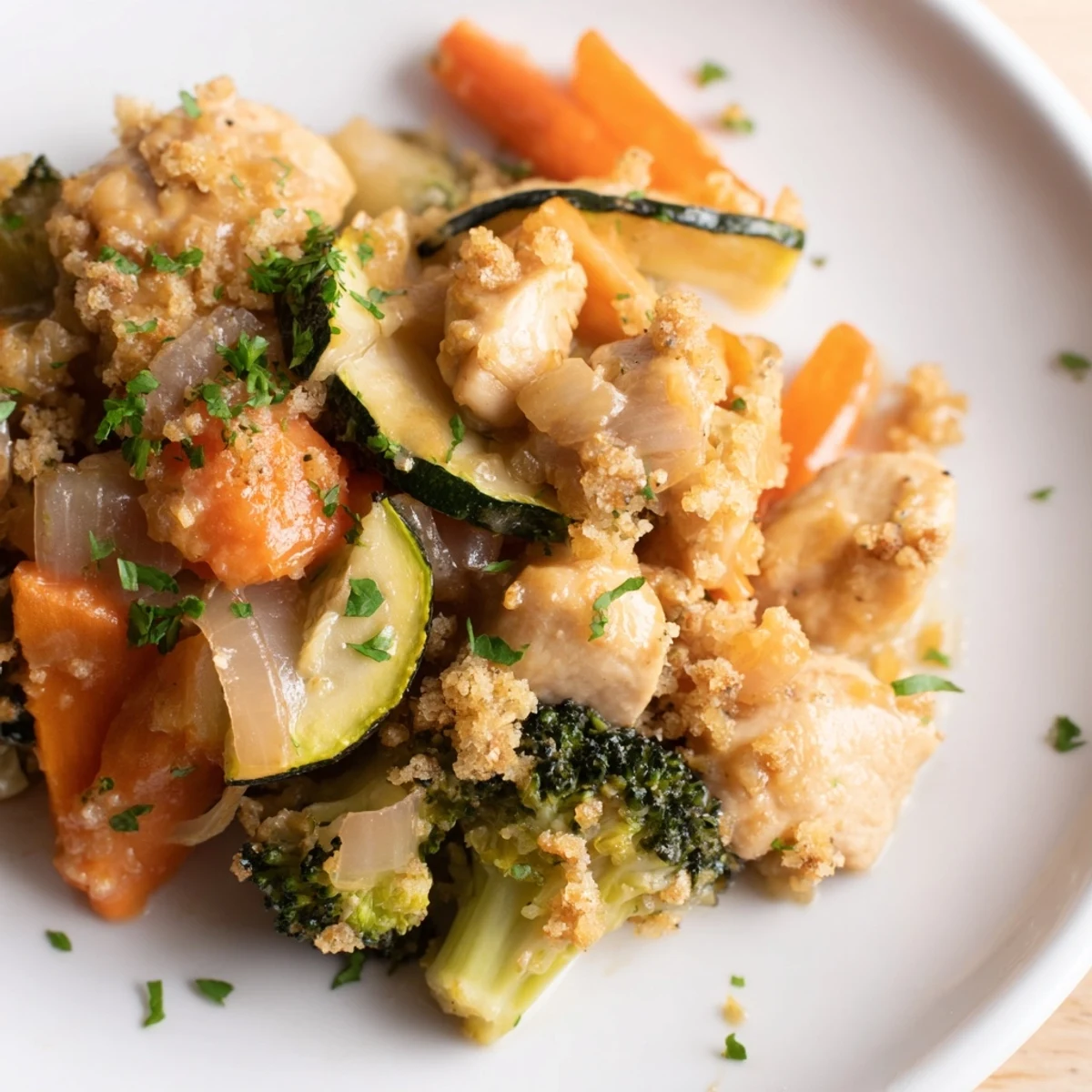 Close-up of New Year Low Fat Casserole showing bubbling edges, fresh herbs, and a rustic serving dish ready to eat.