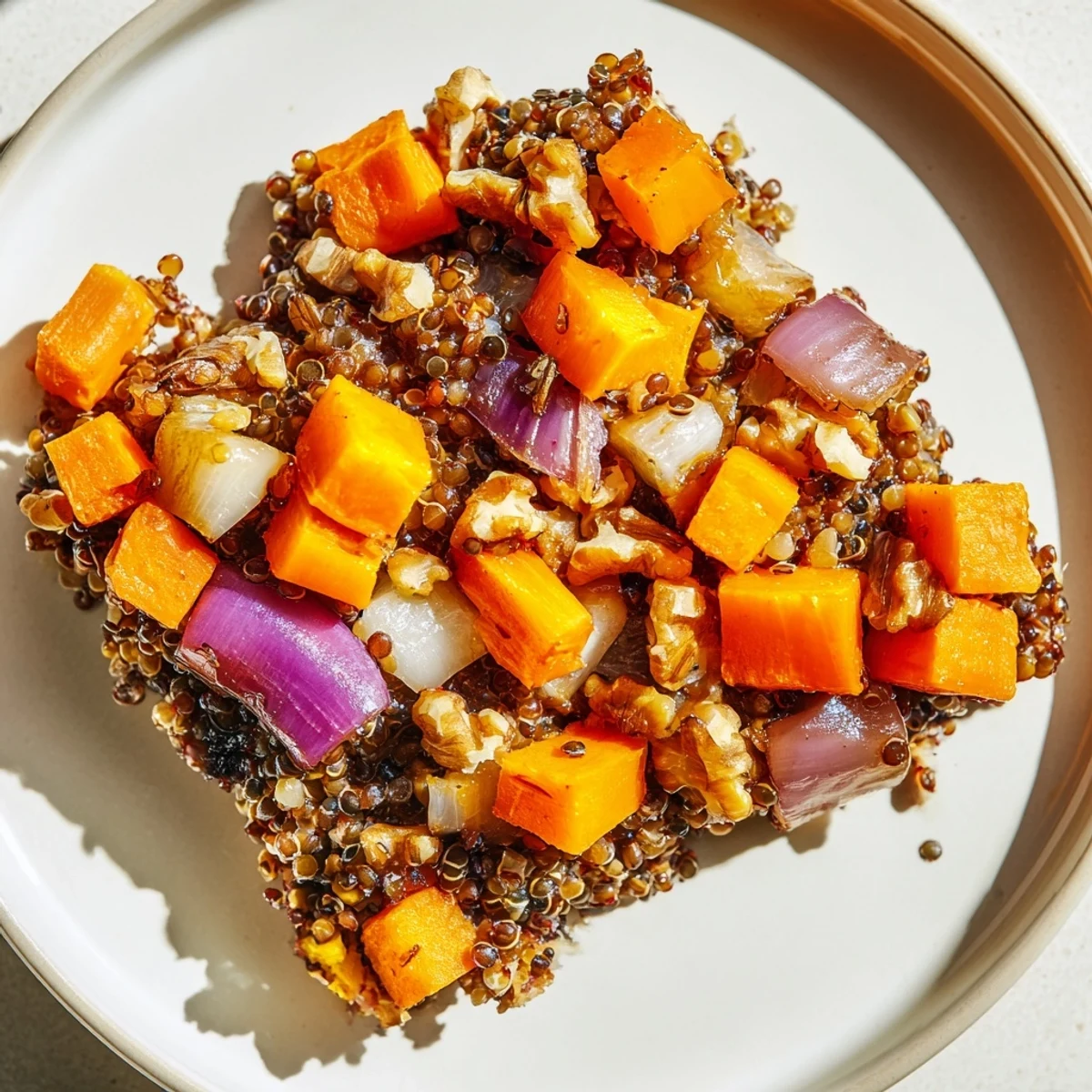 Golden-brown Seasonal Glow Vegan Roast sliced and resting, revealing lentils, quinoa, and colorful roasted root vegetables inside.