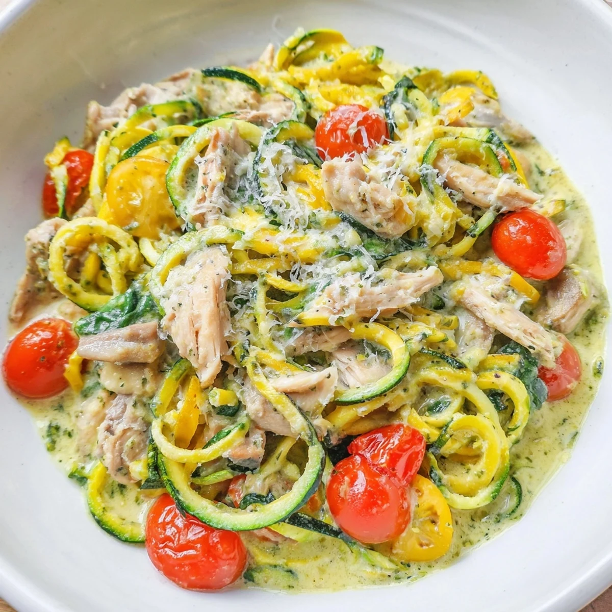 Close-up of Seasonal Glow Keto Pasta tossed with cherry tomatoes and spinach, garnished with fresh basil and a sprinkle of Parmesan cheese.