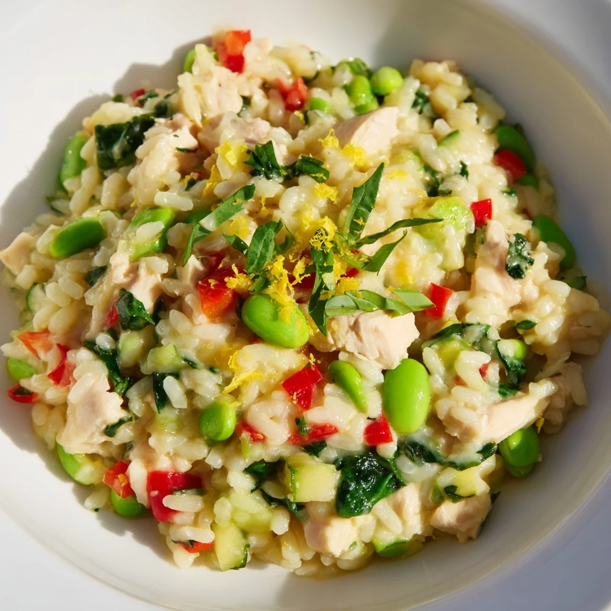 A hearty bowl of Solstice High Protein Risotto featuring zucchini and red bell pepper, served as a wholesome main dish.