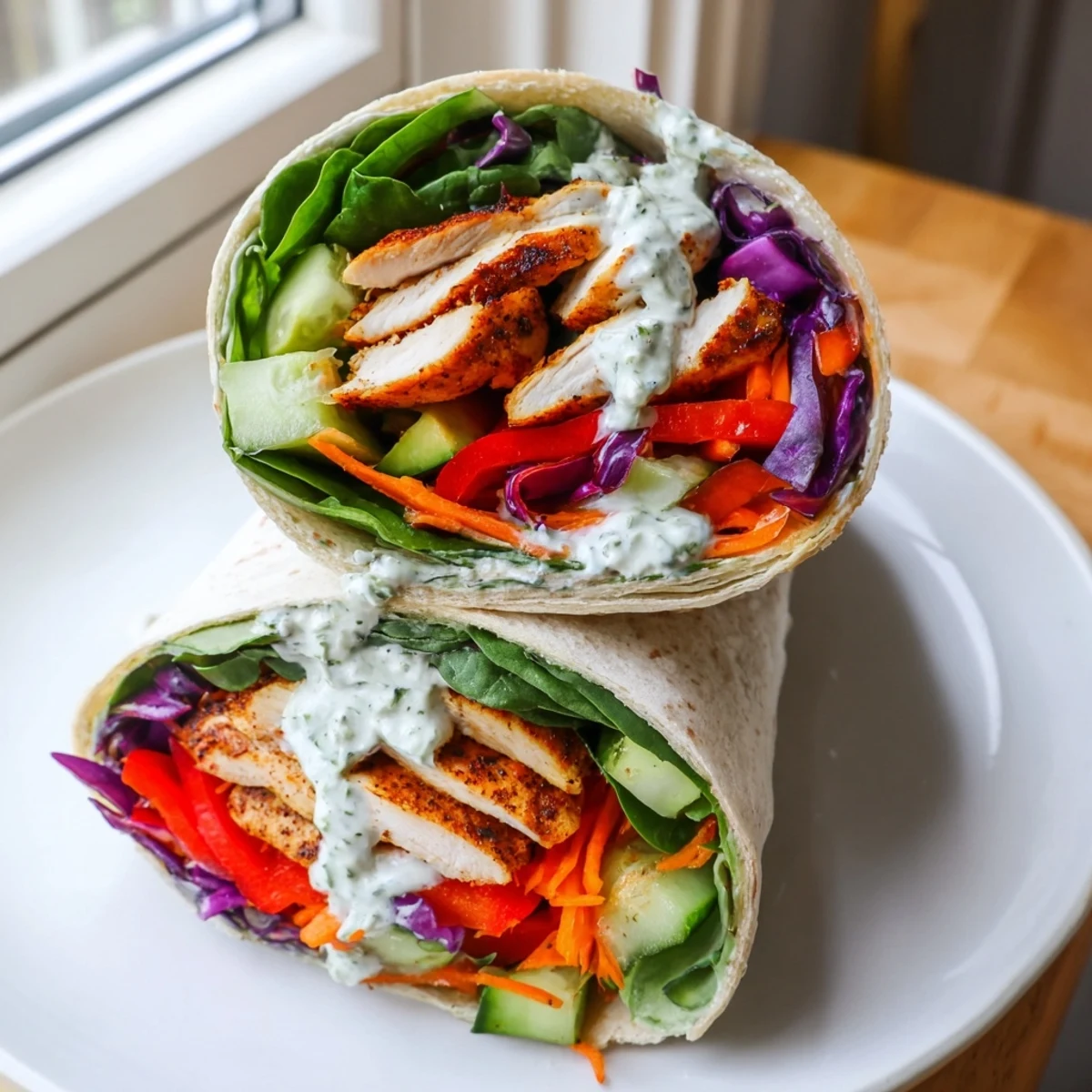 A vibrant Seasonal Glow Low Carb Wrap sliced in half, revealing layers of grilled chicken, fresh veggies, and creamy avocado.