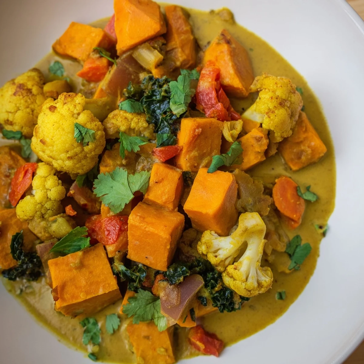 A close-up of Winter Harvest Vegan Curry shows vibrant orange squash and green kale, garnished with fresh cilantro and lemon.