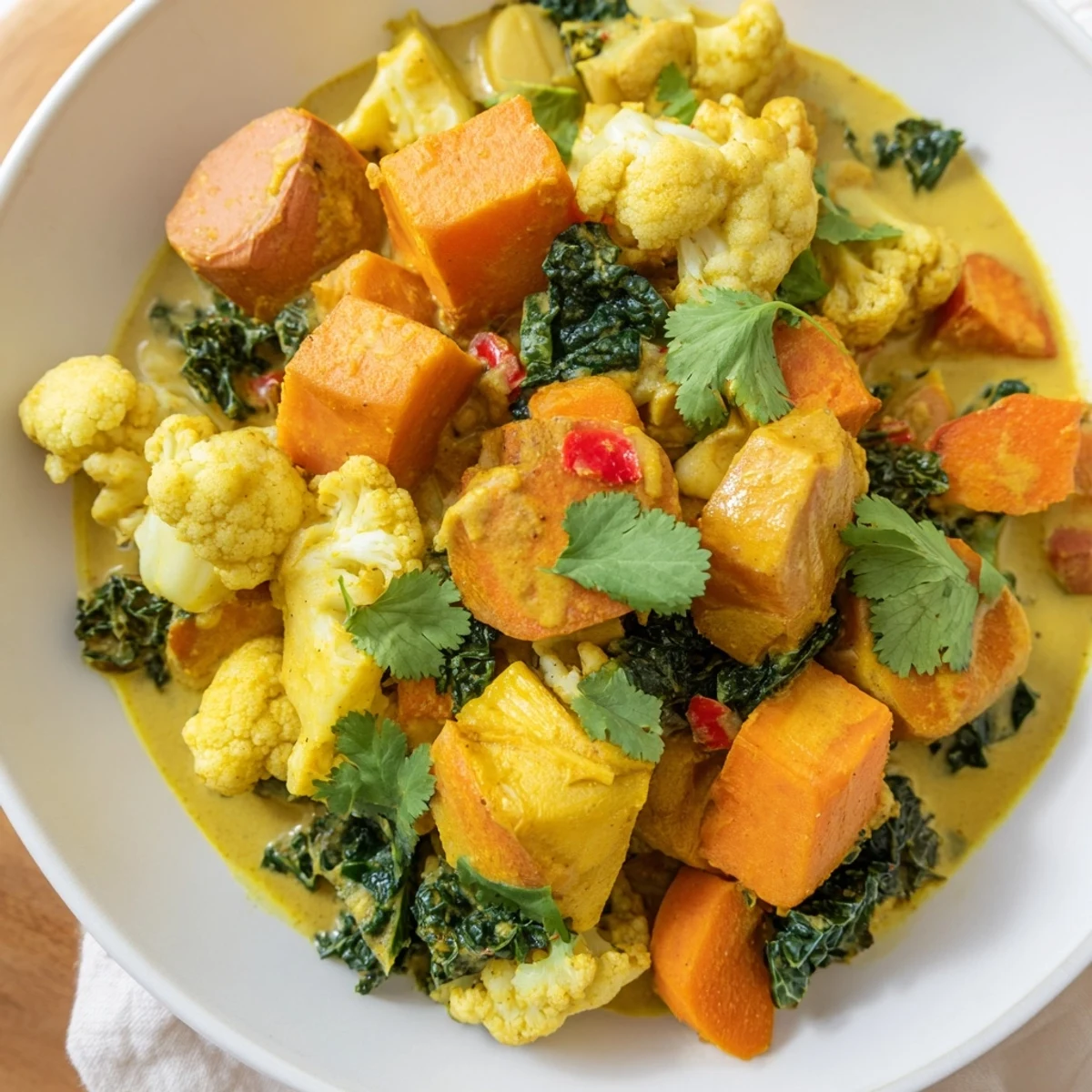 Winter Harvest Vegan Curry served in a rustic bowl, with a spoon resting beside colorful carrots and parsnip pieces.