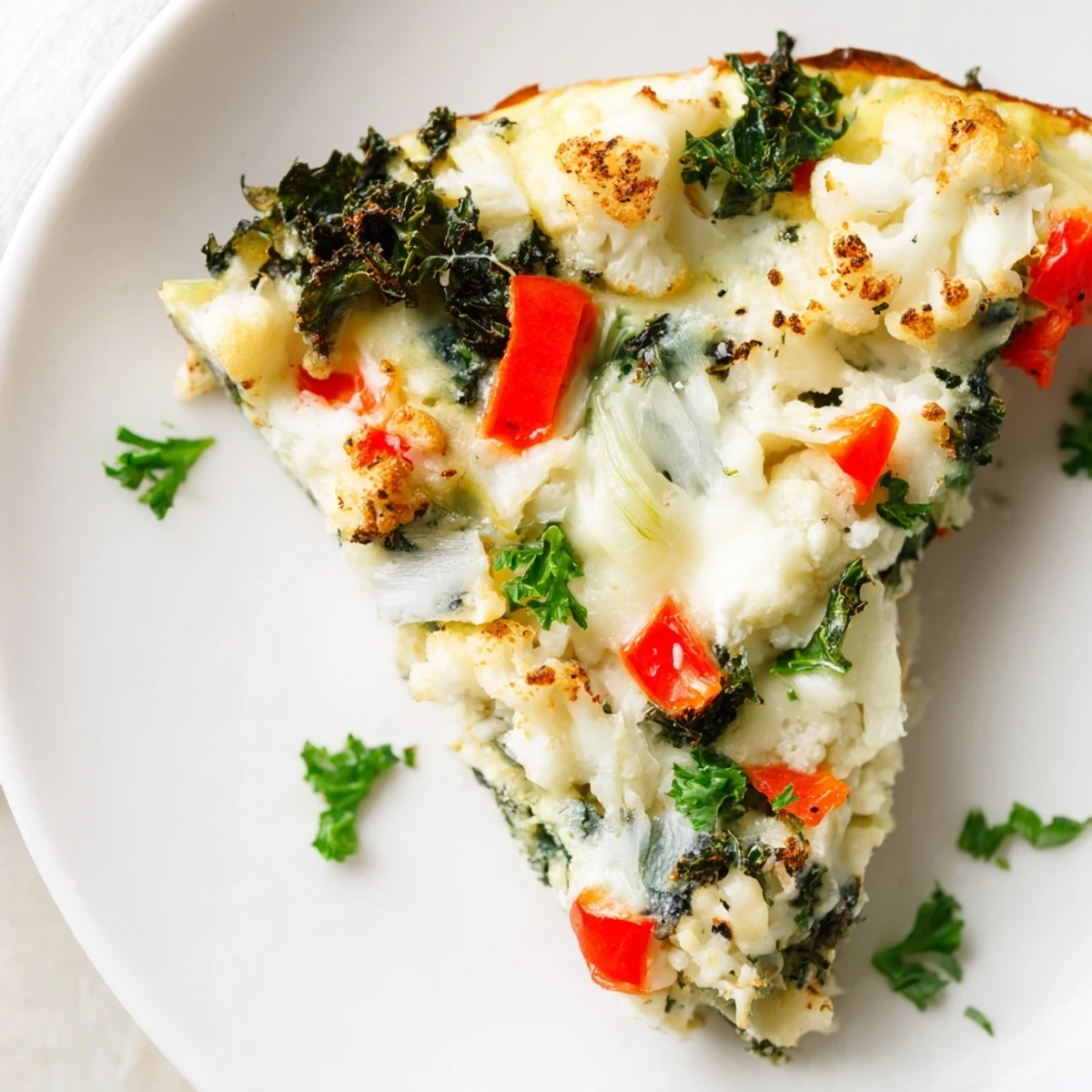 Sliced wedges of the savory Winter Garden Keto Frittata reveal creamy goat cheese and tender kale, ready to be enjoyed.