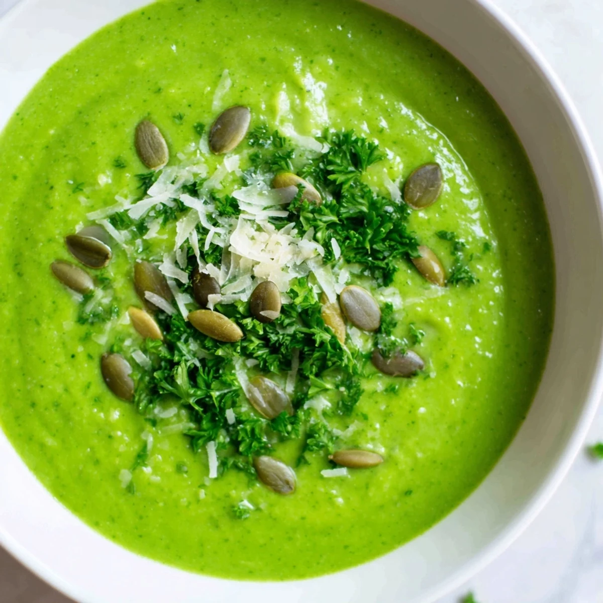 A vibrant Evergreen Keto Soup topped with fresh parsley and pumpkin seeds, served steaming in a rustic bowl.  