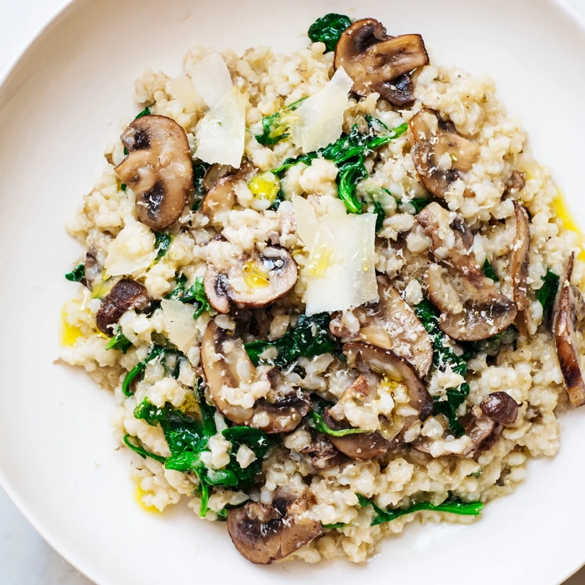 Creamy low-carb risotto made with cauliflower rice, mushrooms, and spinach, served warm for a cozy evening meal.