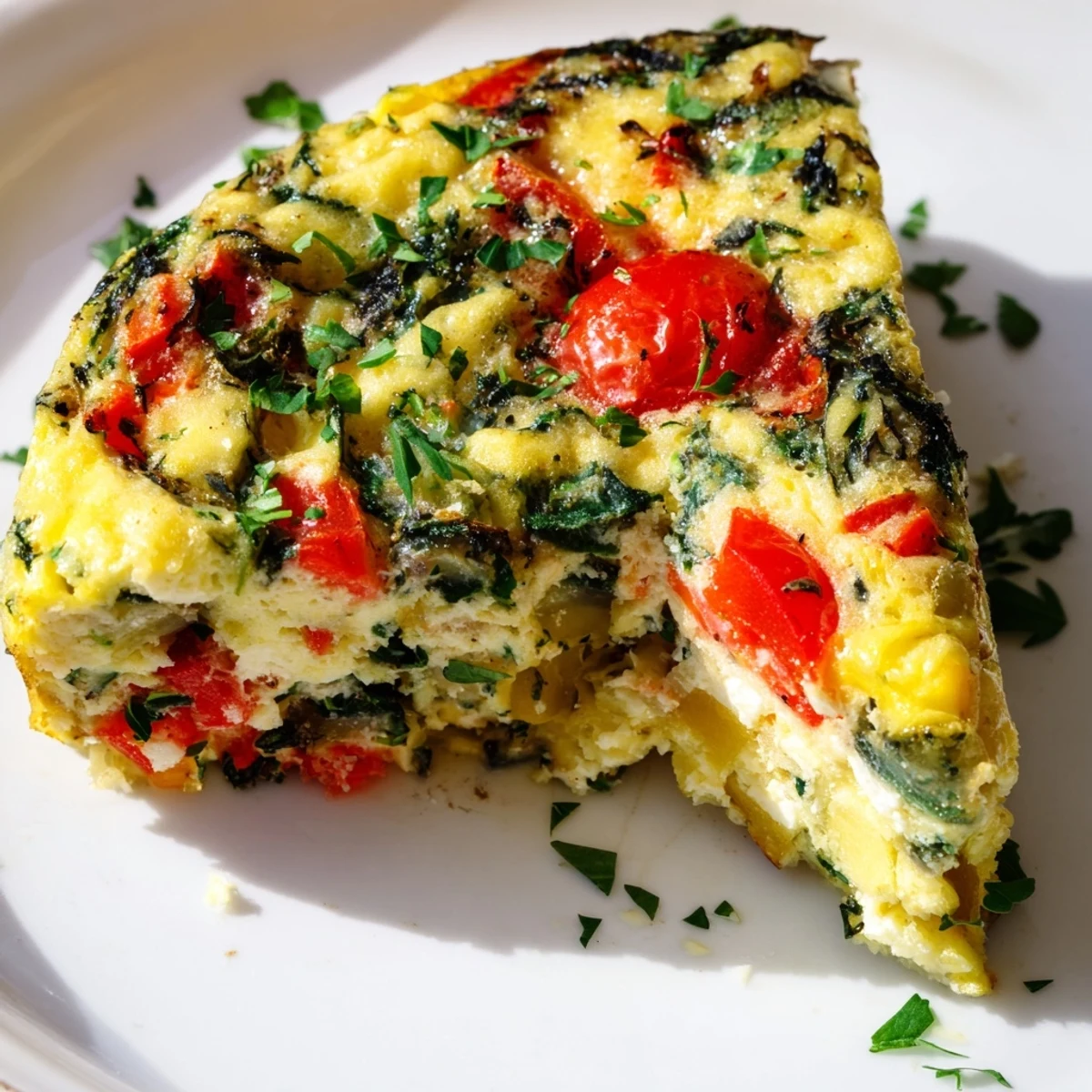 Golden Holiday Market Low Fat Frittata slices showcasing colorful roasted vegetables and fresh herbs on a rustic wooden board.