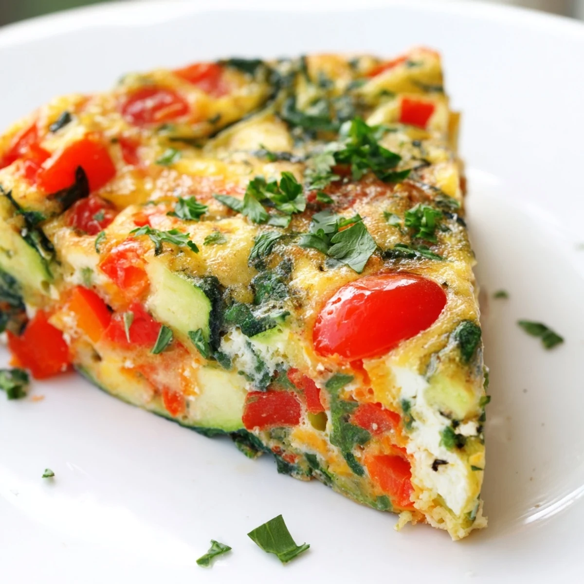 Savory Holiday Market Low Fat Frittata, light and fluffy, served warm for a festive brunch with a side of green salad.