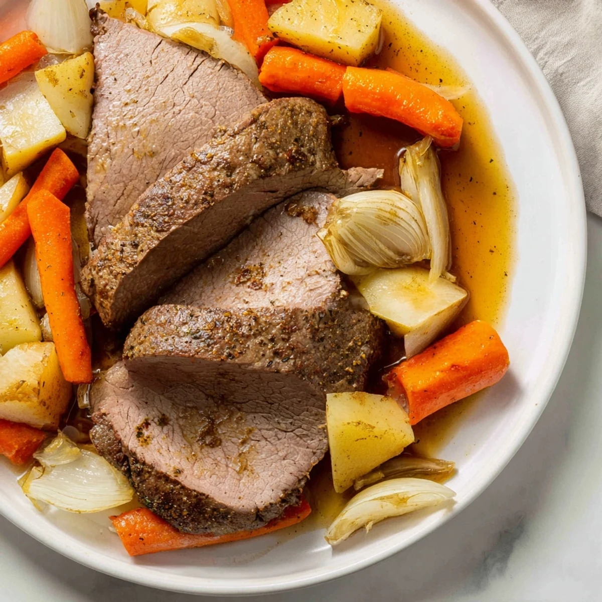Sliced lean beef and roasted carrots rest on a plate with savory pan juices for serving.