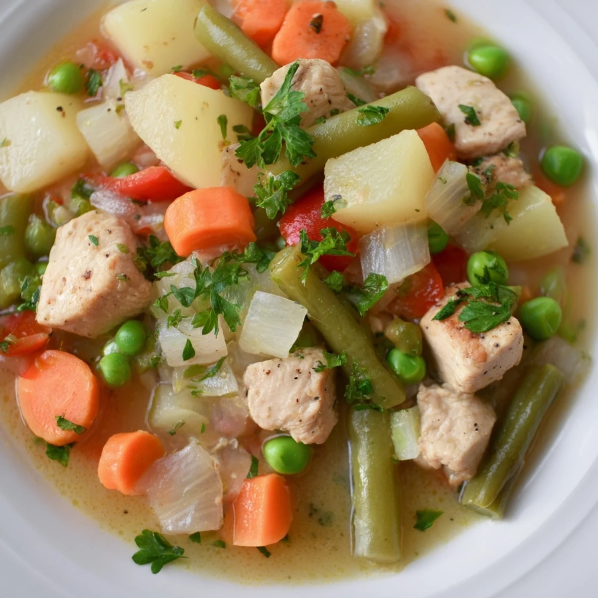 Hearty Snowy Day Low Fat Chicken Stew ladled into a bowl, garnished with fresh parsley and green peas.