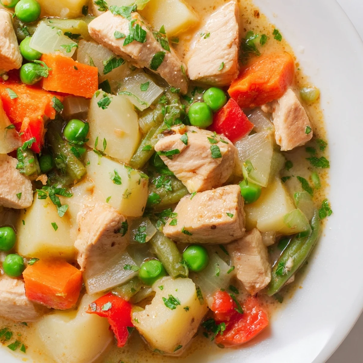 Steaming low fat chicken stew with tender vegetables in a rustic bowl, perfect for a cozy snowy day.