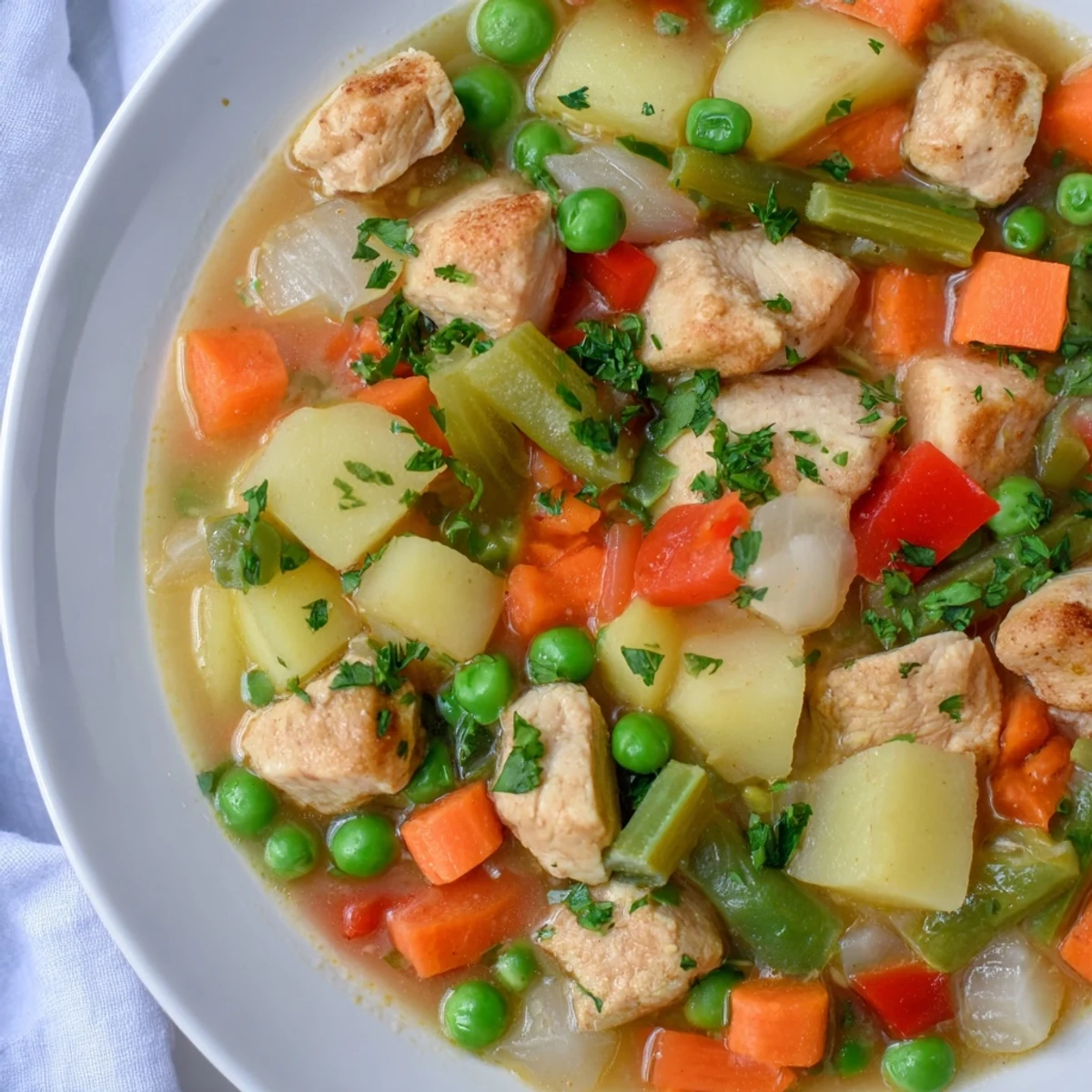 Bright low fat chicken stew with carrots, celery, and red bell peppers, served beside crusty whole grain bread.
