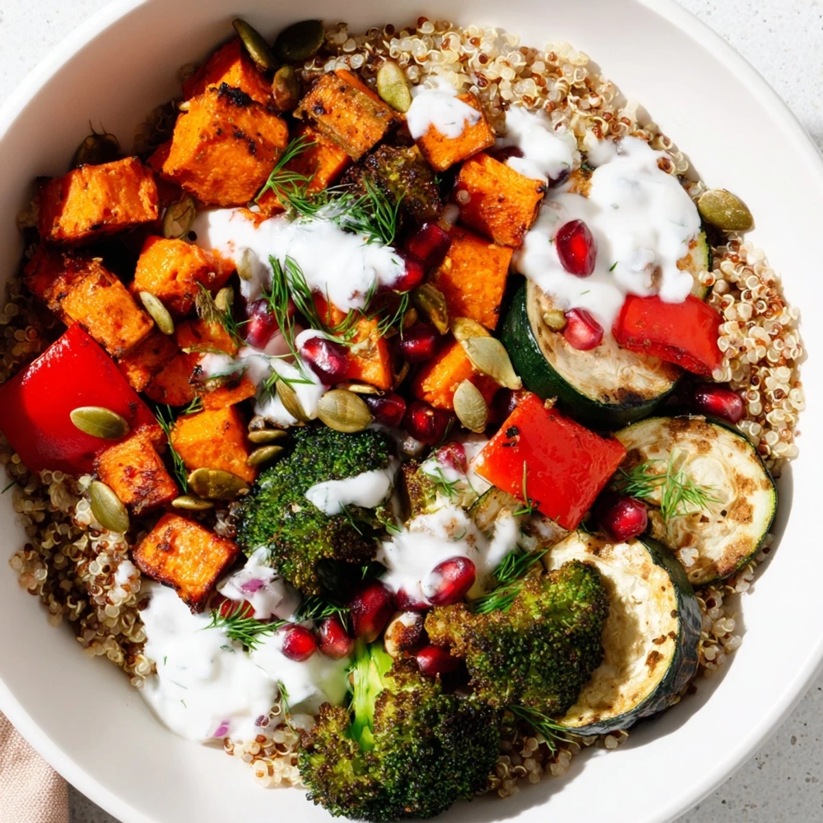 A warm Cozy Evening Low Fat Bowl with fluffy quinoa, roasted sweet potatoes, and bright red bell peppers, finished with pomegranate seeds and a creamy yogurt-herb drizzle.
