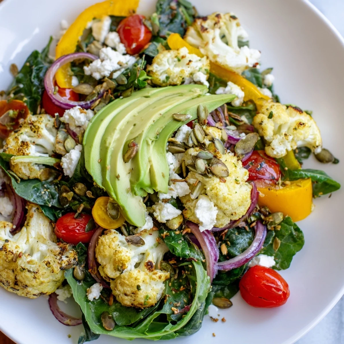 Close-up of Solstice Keto Salad topped with avocado slices and feta, ready for a low-carb lunch.