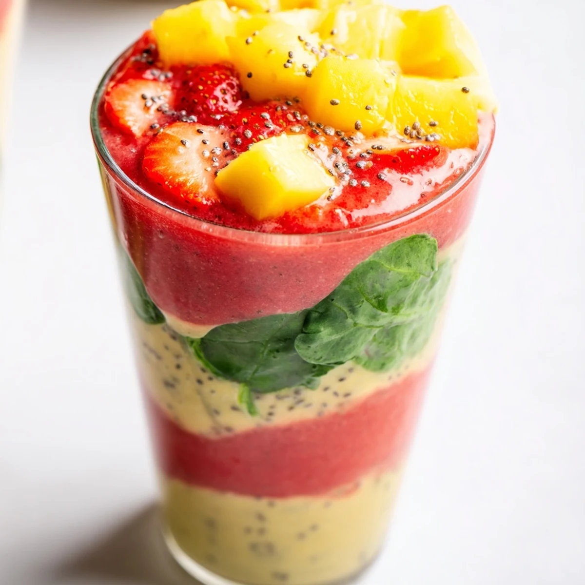 Two frosty glasses of Seasonal Glow Low Fat Smoothie beside sliced mango and strawberries on a bright, sunlit kitchen counter.  