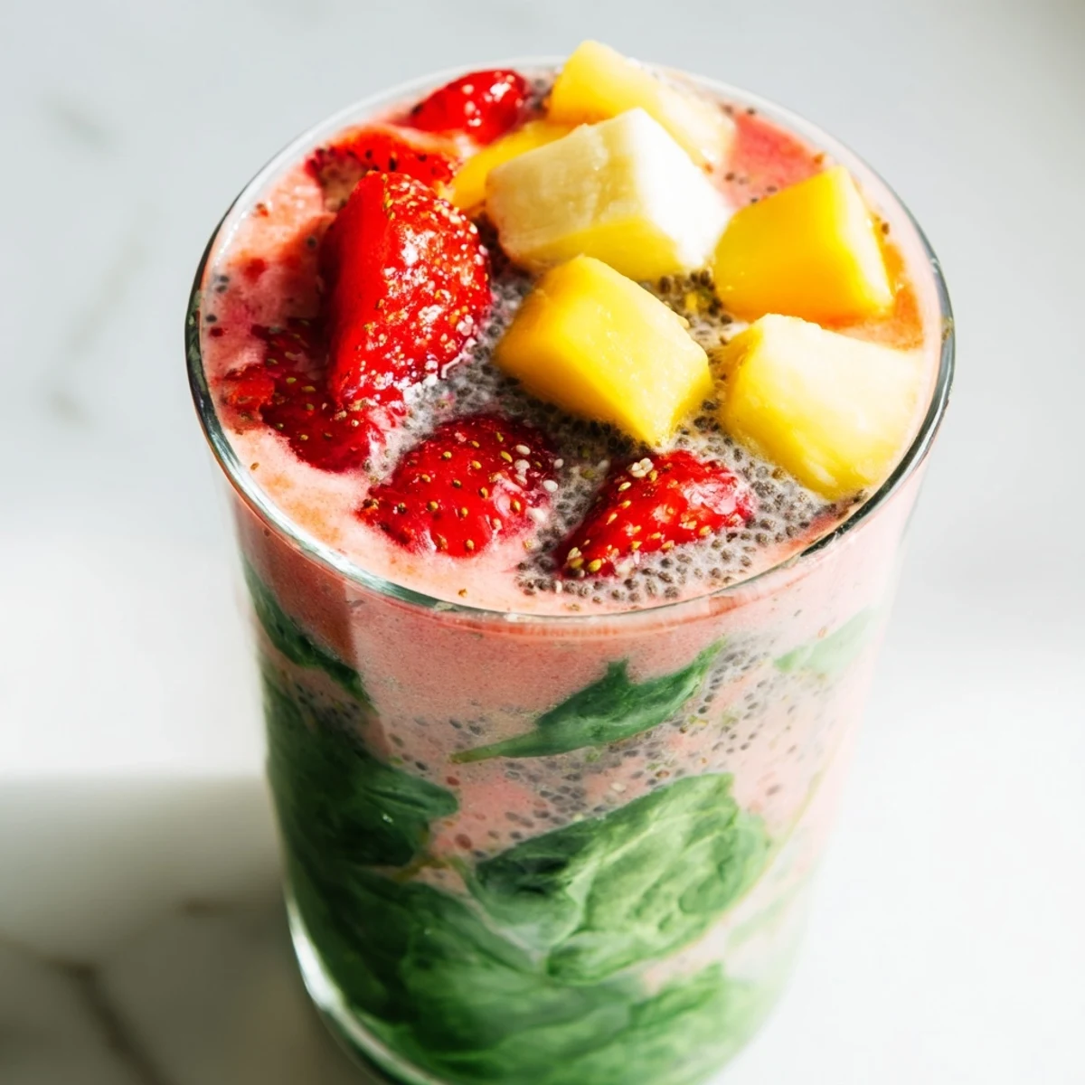 A close-up of Seasonal Glow Low Fat Smoothie in a mason jar, showing creamy texture with a spinach leaf floating on top.