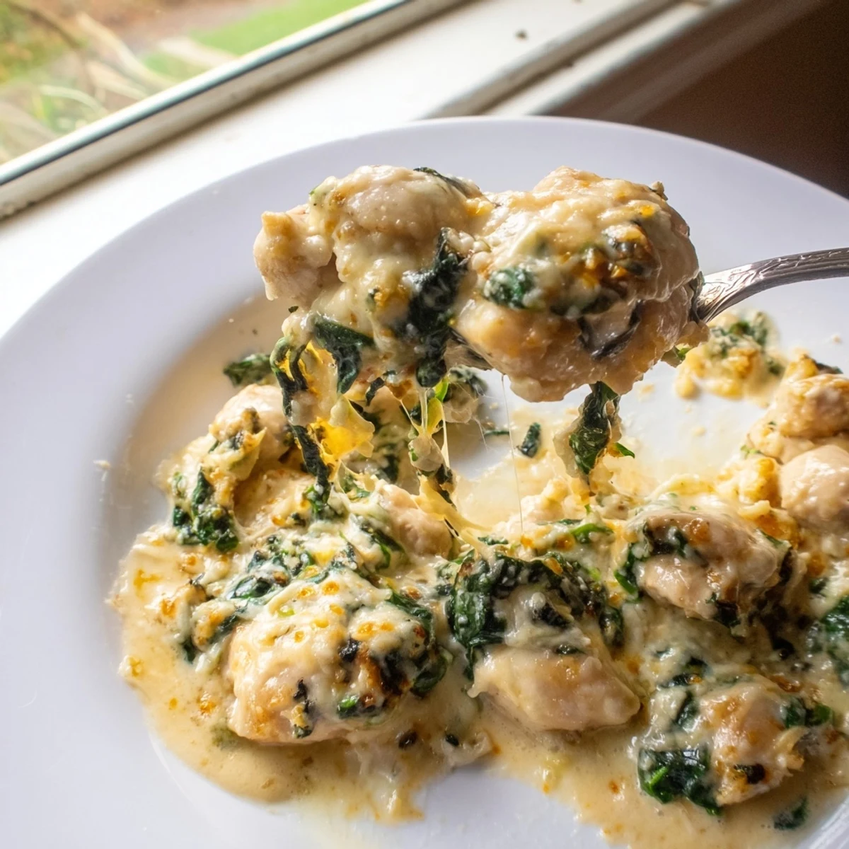 A golden, bubbling Snowy Day Low Carb Chicken Casserole with spinach peeking through creamy cheese, fresh from the oven.  