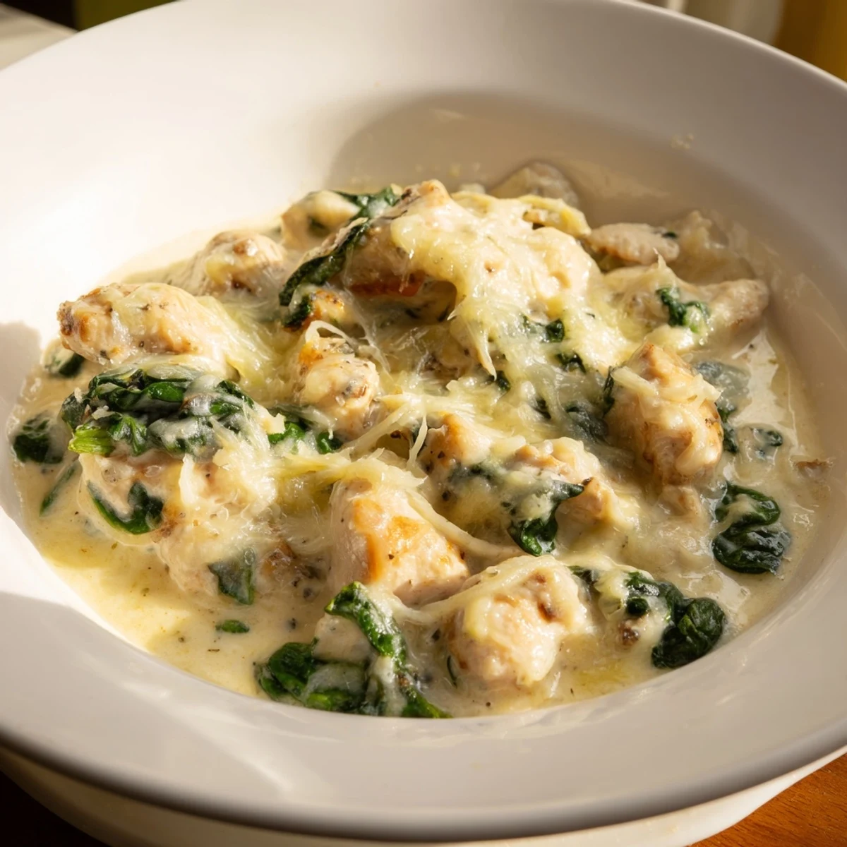 A skillet of creamy Snowy Day Low Carb Chicken Casserole with tender chicken, wilted spinach, and rich cheese sauce.