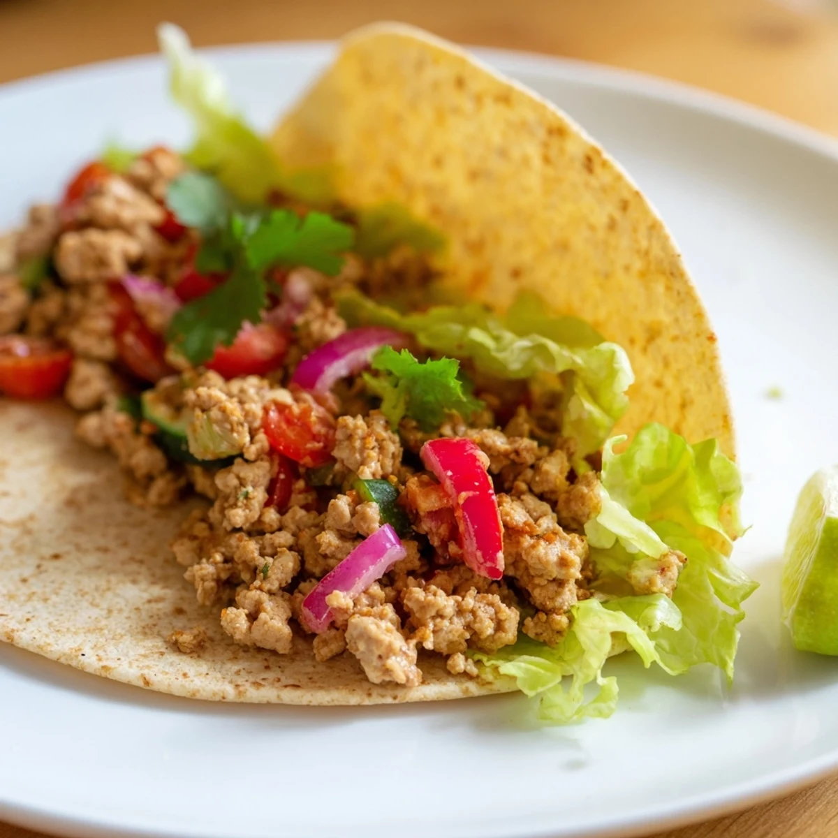Golden-brown warm hearth low fat tacos filled with seasoned lean turkey, vibrant diced bell peppers, and fresh cilantro garnish.
