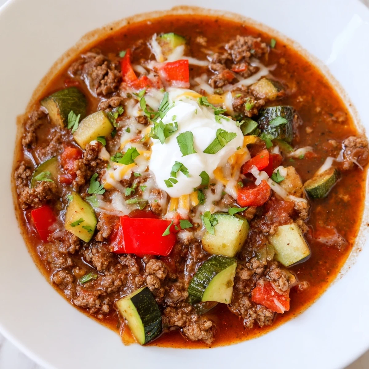 Ground beef and vibrant vegetables create a savory, warming New Year Low Carb Chili ready to serve.