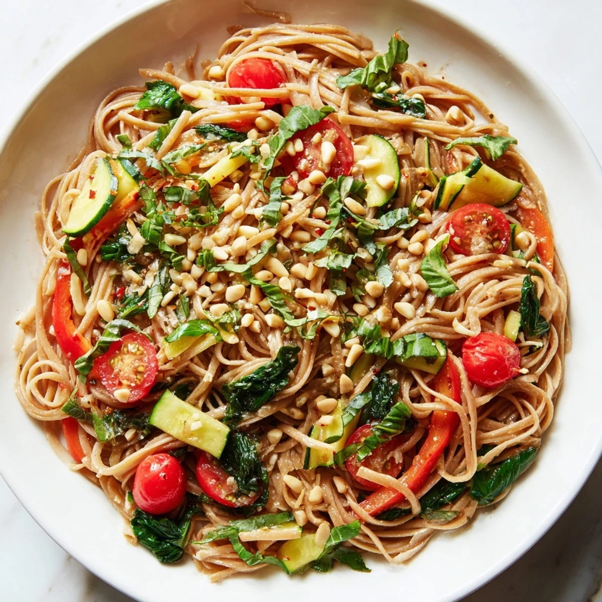 Plated Chilly Breeze Vegan Pasta served over baby spinach with a zesty lemon-chili dressing, ready for a nourishing lunch.