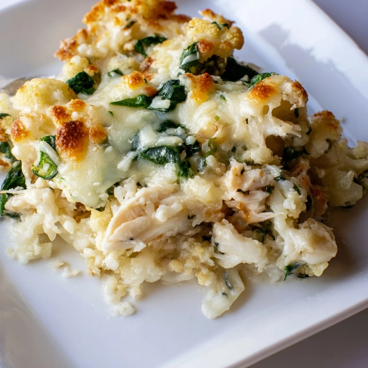 The cozy Snowy Day Keto Bake features tender cauliflower, shredded chicken, and bubbly melted mozzarella, fresh from the golden oven.