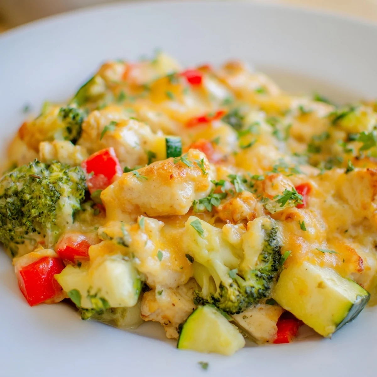 Golden, bubbly Chilly Breeze Low Carb Bake with melted cheddar and creamy sauce in a dish.