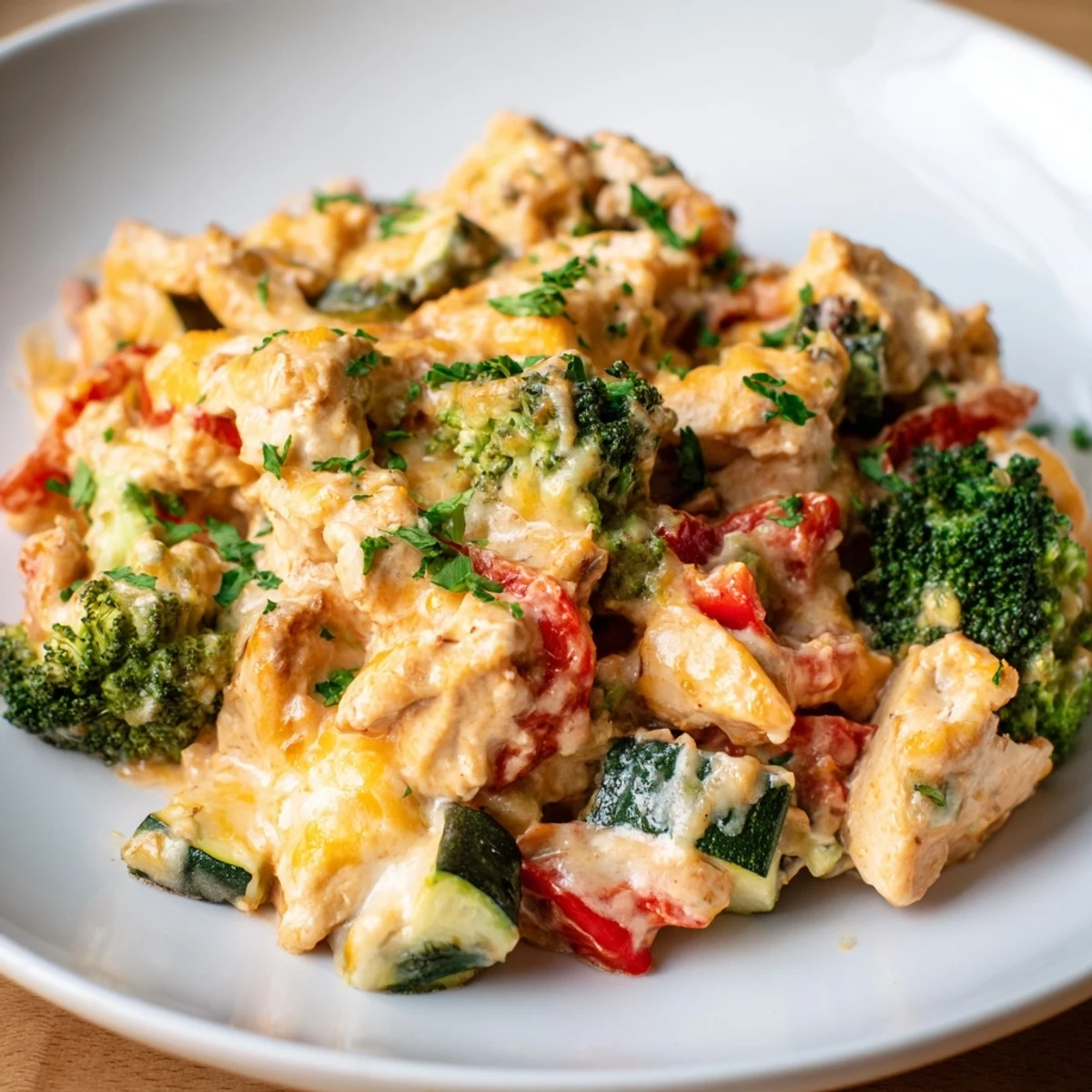 Fork holding a bite of Chilly Breeze Low Carb Bake, featuring chicken and roasted broccoli.