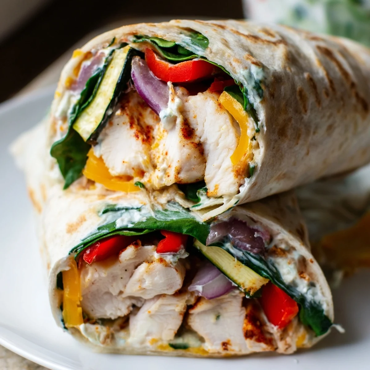 Freshly grilled chicken slices and roasted colorful vegetables sit inside a warm low-carb wrap for the Cozy Evening Low Carb Wrap.