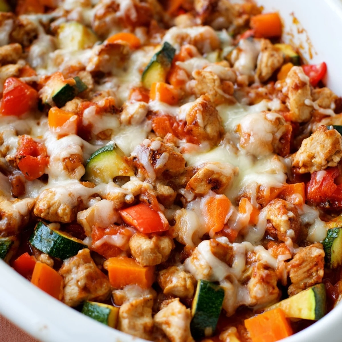 Golden-brown Fireside Low Fat Casserole bubbling with melted reduced-fat mozzarella and tender vegetables.